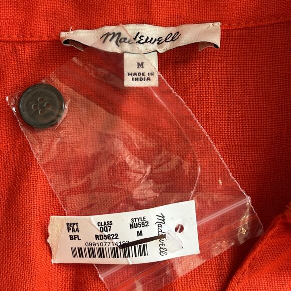 NWT Madewell Red Bright Flame Pleated Mini Shirtdress Size Medium 100% linen - Picture 4 of 8